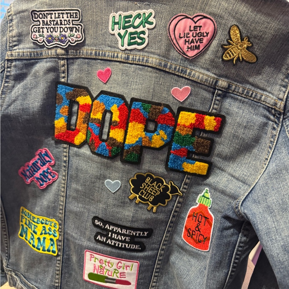 Levi's Blue Jean Jacket with Colorful Patches junk jacket